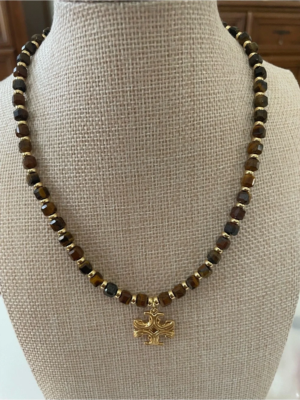 Tory Burch Brown Tiger Eye Beaded Necklace with Gold Cross Pendant